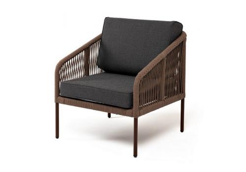  "Канны" кресло плетеное из роупа, каркас алюминий коричневый (RAL8016), роуп коричневый круглый, ткань темно-серая, фото 1 