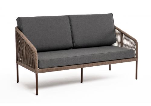  "Канны" диван 2-местный плетеный из роупа, каркас алюминий коричневый (RAL8016) муар, роуп коричневый круглый, ткань темно-серая 019, фото 3 
