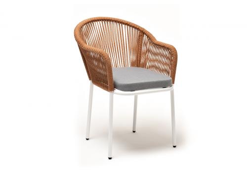  "Лион" стул плетеный из роупа, каркас алюминий белый (RAL9016) шагрень, роуп оранжевый меланж круглый, ткань светло-серая, фото 3 