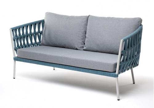  "Диего" диван 2-местный плетеный из роупа, каркас алюминий светло-серый (RAL7035) шагрень, роуп бирюзовый круглый, ткань светло-серая, фото 1 