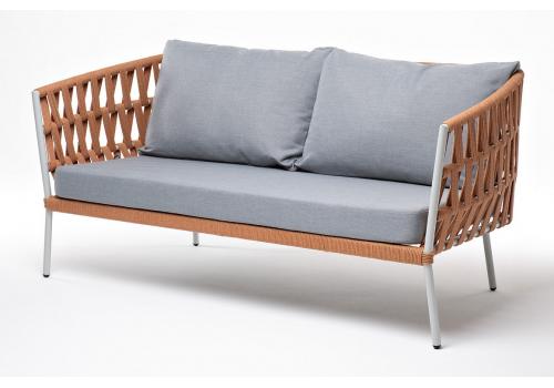  "Диего" диван 2-местный плетеный из роупа, каркас алюминий светло-серый (RAL7035) шагрень, роуп оранжевый меланж круглый, ткань светло-серая, фото 1 