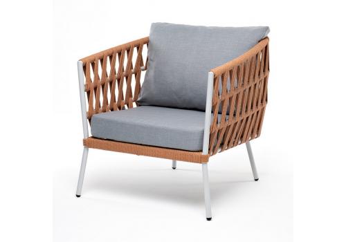  "Диего" кресло плетеное из роупа, каркас алюминий светло-серый (RAL7035) шагрень, роуп оранжевый меланж круглый, ткань светло-серая, фото 1 