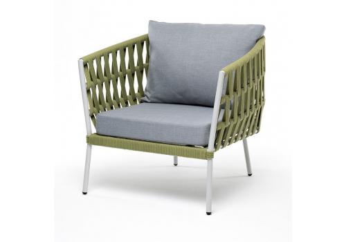  "Диего" кресло плетеное из роупа, каркас алюминий светло-серый (RAL7035) шагрень, роуп салатовый меланж круглый, ткань светло-серая, фото 1 
