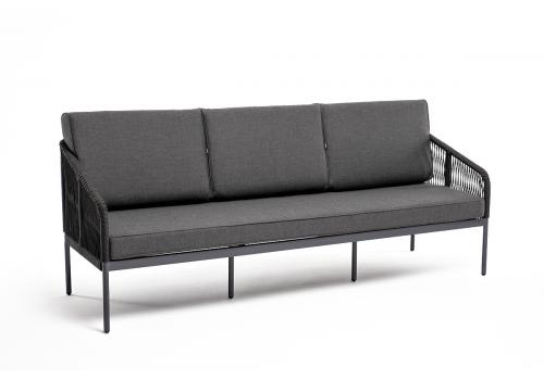  "Канны" диван 3-местный плетеный из роупа, каркас алюминий темно-серый (RAL7024) муар, роуп темно-серый круглый, ткань темно-серая 027, фото 3 