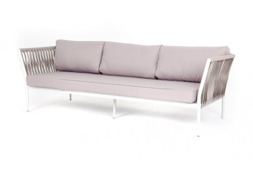  "Касабланка" диван 3-местный плетеный из роупа, каркас алюминий белый муар, роуп бежевый 20мм, ткань бежевая 052, фото 1 