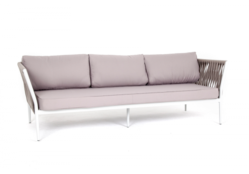  "Касабланка" диван 3-местный плетеный из роупа, каркас алюминий белый муар, роуп бежевый 20мм, ткань бежевая 052, фото 3 
