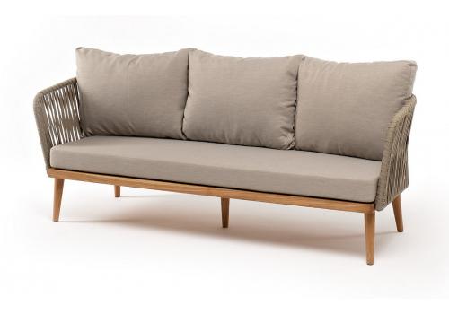  "Мальорка" диван 3-местный плетеный из роупа, основание дуб, роуп серо-коричневый 23мм, ткань бежевая 052, фото 1 