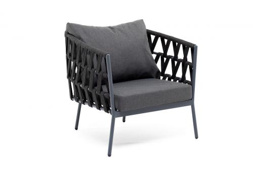  "Диего" кресло плетеное из роупа, каркас алюминий темно-серый (RAL7024) муар, роуп темно-серый круглый, ткань темно-серая 027, фото 2 