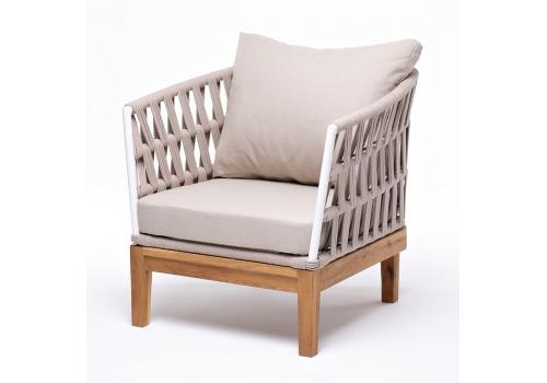  "Диего" кресло плетеное из роупа, основание дуб, каркас алюминий светло-серый (RAL7035) шагрень, роуп бежевый круглый, ткань бежевая 052, фото 1 