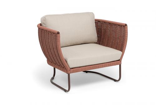  "Фиджи" кресло плетеное из роупа, каркас алюминий коричневый (RAL8016) муар, роуп красный (8372) круглый tex, ткань Mossle бежевая, фото 2 