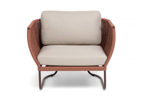  "Фиджи" кресло плетеное из роупа, каркас алюминий коричневый (RAL8016) муар, роуп красный (8372) круглый tex, ткань Mossle бежевая, фото 3 