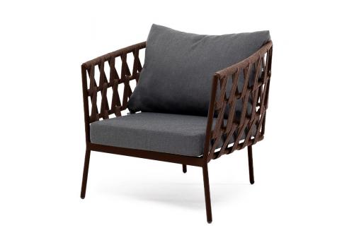  "Диего" кресло плетеное из роупа, каркас алюминий коричневый (RAL8016) шагрень, роуп коричневый круглый, ткань темно-серая 019, фото 1 