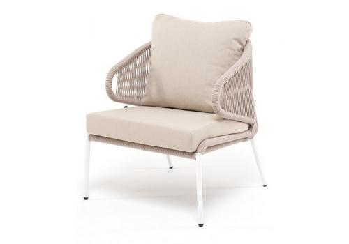  "Милан" кресло плетеное из роупа, каркас алюминий белый муар, роуп бежевый круглый, ткань бежевая 15052, фото 1 