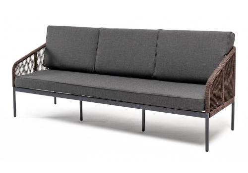  "Канны" диван 3-местный плетеный из роупа, каркас алюминий темно-серый (RAL7024) муар, роуп коричневый круглый, ткань темно-серая 027, фото 1 