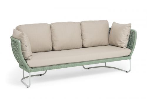  "Фиджи" диван 3-местный плетеный из роупа, каркас алюминий светло-серый (RAL7035) муар, роуп зеленый (4204) круглый tex, ткань Mossle бежевая, фото 2 