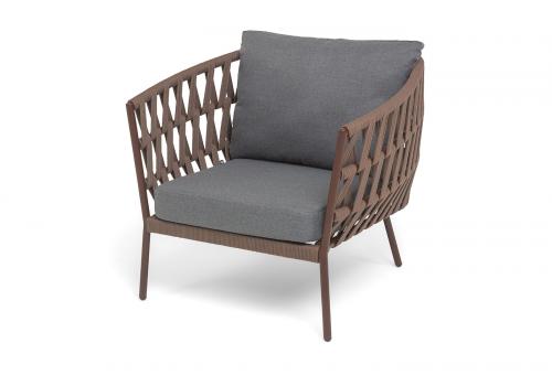  "Диего" кресло плетеное из роупа, каркас алюминий коричневый (RAL8016) муар, роуп коричневый круглый, ткань темно-серая 027, фото 1 