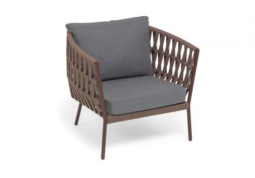  "Диего" кресло плетеное из роупа, каркас алюминий коричневый (RAL8016) муар, роуп коричневый круглый, ткань темно-серая 027, фото 3 