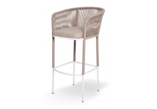  "Марсель" стул барный плетеный из роупа, каркас из стали белый муар, роуп бежевый круглый, ткань бежевая 15052, фото 1 