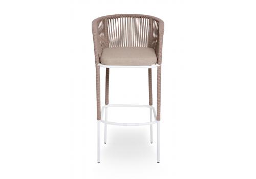  "Марсель" стул барный плетеный из роупа, каркас из стали белый муар, роуп бежевый круглый, ткань бежевая 15052, фото 2 