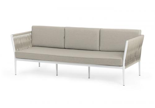  "Касабланка" диван 3-местный плетеный из роупа, каркас алюминий белый муар, роуп бежевый 20мм, ткань бежевая 15052, фото 1 