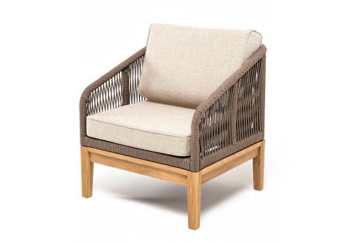  "Канны" кресло плетеное из роупа, основание дуб, роуп коричневый круглый, ткань бежевая 15052, фото 1 