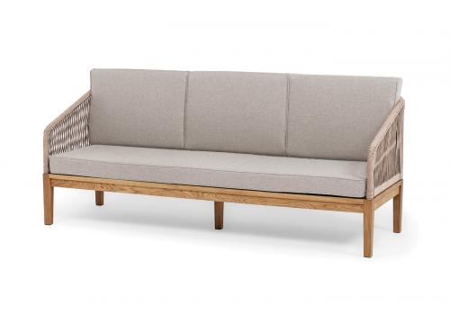  "Канны" диван 3-местный плетеный из роупа, основание дуб, роуп коричневый круглый, ткань бежевая, фото 1 