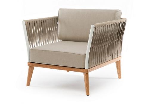  "Касабланка" кресло плетеное из роупа, основание дуб, каркас алюминий светло-серый (RAL7035) муар, роуп серо-коричневый 23мм, ткань бежевая 15052, фото 1 