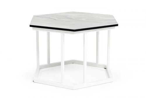  "Женева" интерьерный стол из HPL шестиугольный, D50, H35, цвет "мрамор пепел", каркас из стали белый муар, фото 1 