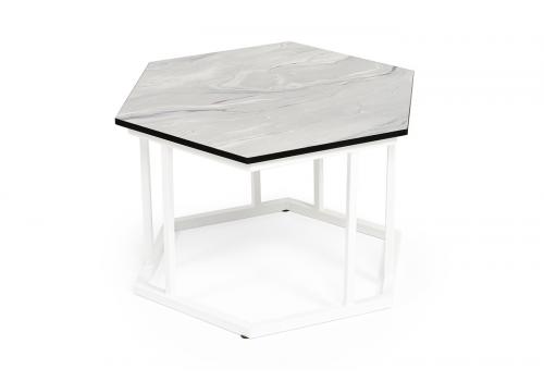  "Женева" интерьерный стол из HPL шестиугольный, D50, H35, цвет "мрамор пепел", каркас из стали белый муар, фото 3 