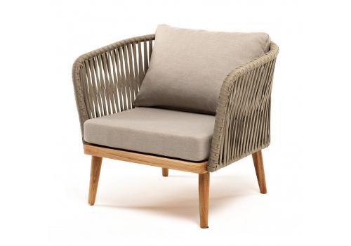  "Мальорка" кресло плетеное из роупа, основание дуб, роуп серо-коричневый 23мм, ткань бежевая 052, фото 1 