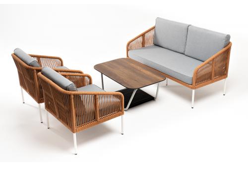  "Канны" лаунж-зона 4-местная из роупа со столом "Глория" цвет "дуб", каркас алюминиевый белый, роуп оранжевый меланж, фото 2 