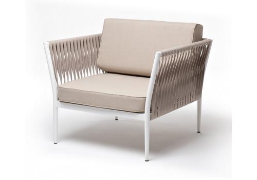  "Касабланка" кресло плетеное из роупа, каркас алюминий белый муар, роуп бежевый 20мм, ткань бежевая 15052, фото 1 