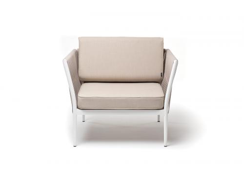  "Касабланка" кресло плетеное из роупа, каркас алюминий белый муар, роуп бежевый 20мм, ткань бежевая 15052, фото 2 