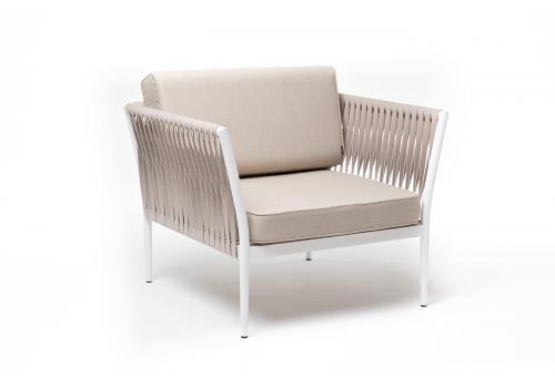  "Касабланка" кресло плетеное из роупа, каркас алюминий белый муар, роуп бежевый 20мм, ткань бежевая 15052, фото 3 