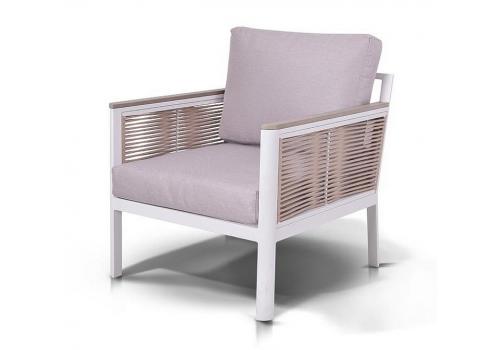  "Сан Ремо" кресло плетеное из роупа садовое, каркас алюминий белый, роуп бежевый, ткань бежевая, фото 1 