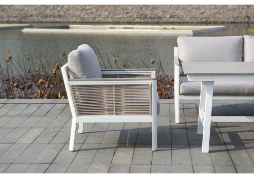  "Сан Ремо" кресло плетеное из роупа садовое, каркас алюминий белый, роуп бежевый, ткань бежевая, фото 4 