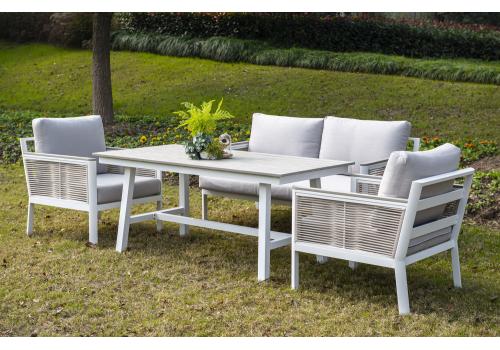  "Сан Ремо" кресло плетеное из роупа садовое, каркас алюминий белый, роуп бежевый, ткань бежевая, фото 8 