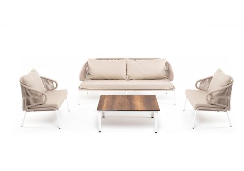  "Милан" лаунж-зона 5-местная плетеная из роупа (веревки), каркас алюминиевый белый, роуп бежевый, фото 1 