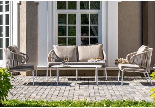  "Милан" лаунж-зона 4-местная плетеная из роупа (веревки), каркас алюминиевый белый, роуп бежевый, фото 1 