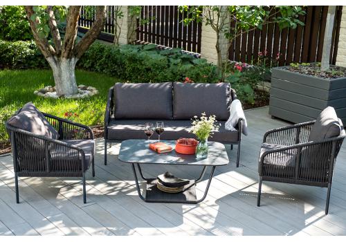  "Канны" диван 2-местный плетеный из роупа, каркас алюминий темно-серый (RAL7024) муар, роуп темно-серый круглый, ткань темно-серая 027, фото 4 