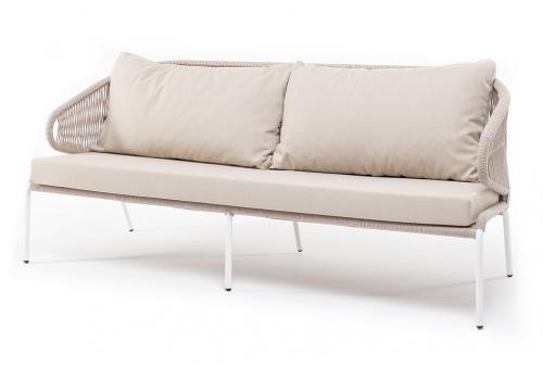 "Милан" диван 3-местный плетеный из роупа, каркас алюминий белый муар, роуп бежевый круглый, ткань бежевая 052, фото 1 