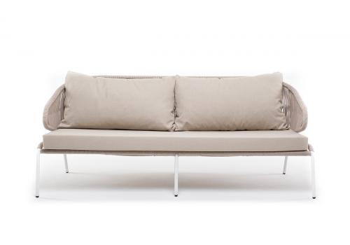  "Милан" диван 3-местный плетеный из роупа, каркас алюминий белый муар, роуп бежевый круглый, ткань бежевая 052, фото 3 