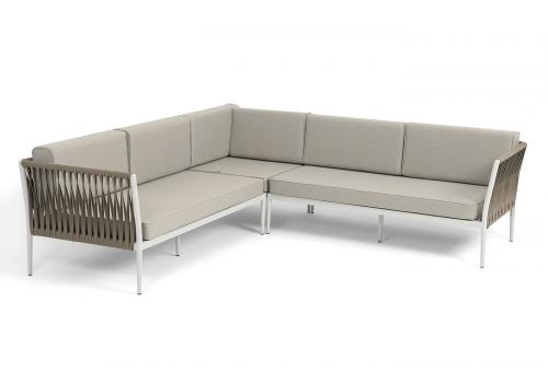  "Касабланка" диван модульный плетеный из роупа, каркас алюминий, роуп серо-коричневый 23мм, ткань бежевая 15052, фото 1 