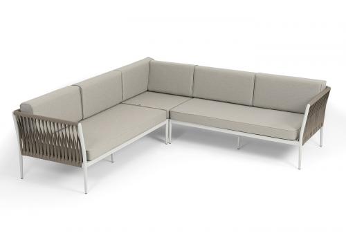  "Касабланка" диван модульный плетеный из роупа, каркас алюминий, роуп серо-коричневый 23мм, ткань бежевая 15052, фото 2 