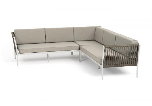  "Касабланка" диван модульный плетеный из роупа, каркас алюминий, роуп серо-коричневый 23мм, ткань бежевая 15052, фото 3 