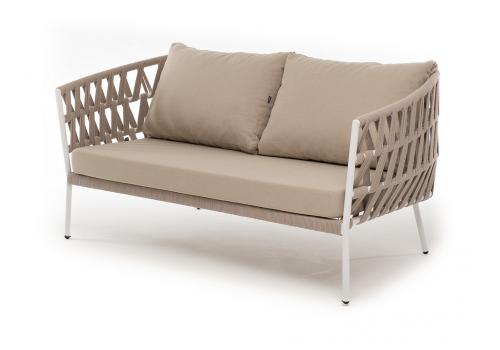  "Диего" диван 2-местный плетеный из роупа, каркас алюминий белый муар, роуп бежевый круглый, ткань бежевая 052, фото 1 