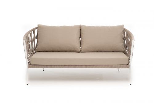  "Диего" диван 2-местный плетеный из роупа, каркас алюминий белый муар, роуп бежевый круглый, ткань бежевая 052, фото 2 