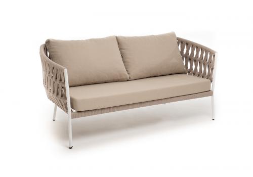  "Диего" диван 2-местный плетеный из роупа, каркас алюминий белый муар, роуп бежевый круглый, ткань бежевая 052, фото 3 