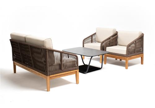  "Канны" лаунж-зона 4-местная из роупа со столом "Гранада" (серый гранит), основание дуб, роуп коричневый, ткань бежевая, фото 1 