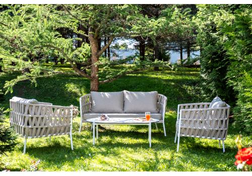  "Диего" лаунж-зона 4-местная плетеная из роупа (веревки), каркас алюминиевый белый, роуп бежевый, фото 1 